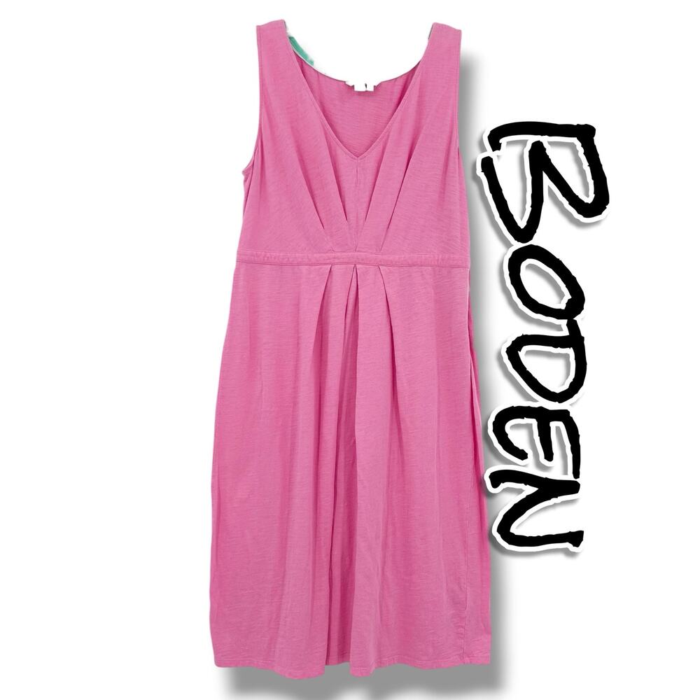 Boden Cadiz Dress 8L Salmon Pink Cotton Slub V Neck Sleeveless Midi Pockets